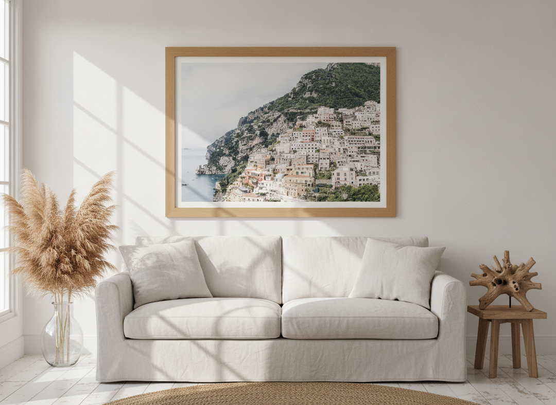 Modern wall art print styled on the wall in a coastal living room