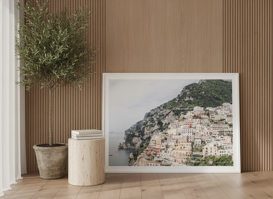 Modern wall art print leaning against the wall in a luxe home office