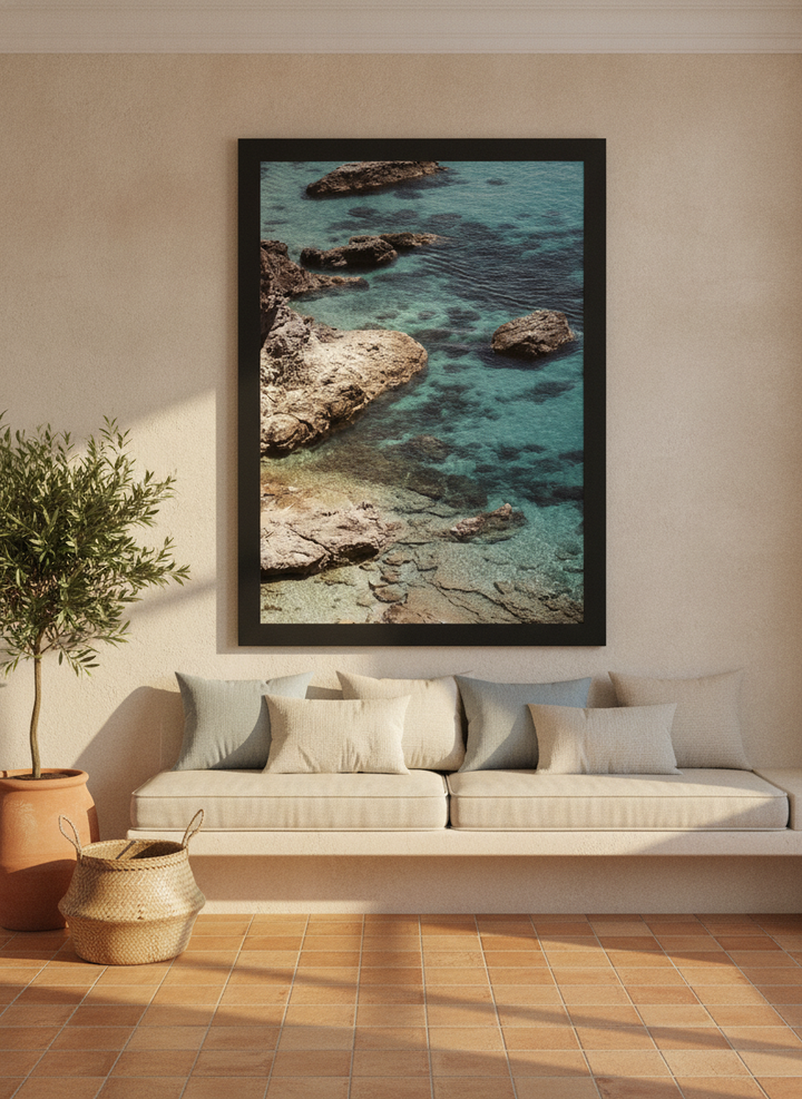 Oversized statement modern wall art print styled on the wall in a Mediterranean living room