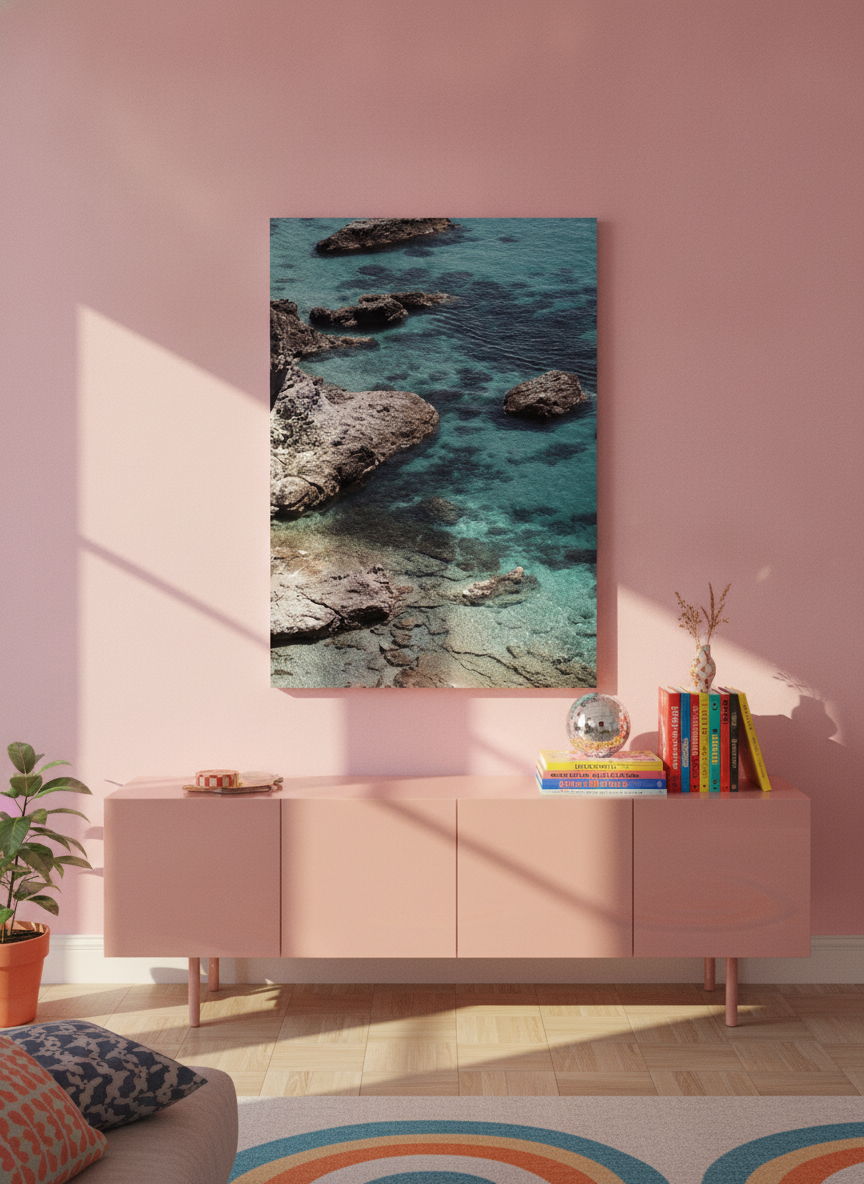 Stretched canvas wall art styled on the wall in a colourful eclectic living room