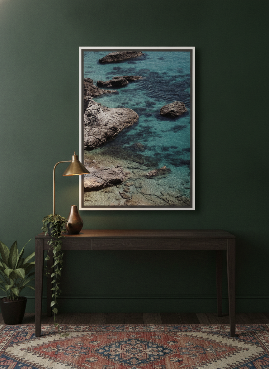Canvas wall art with a white surround styled on the wall in a moody home office