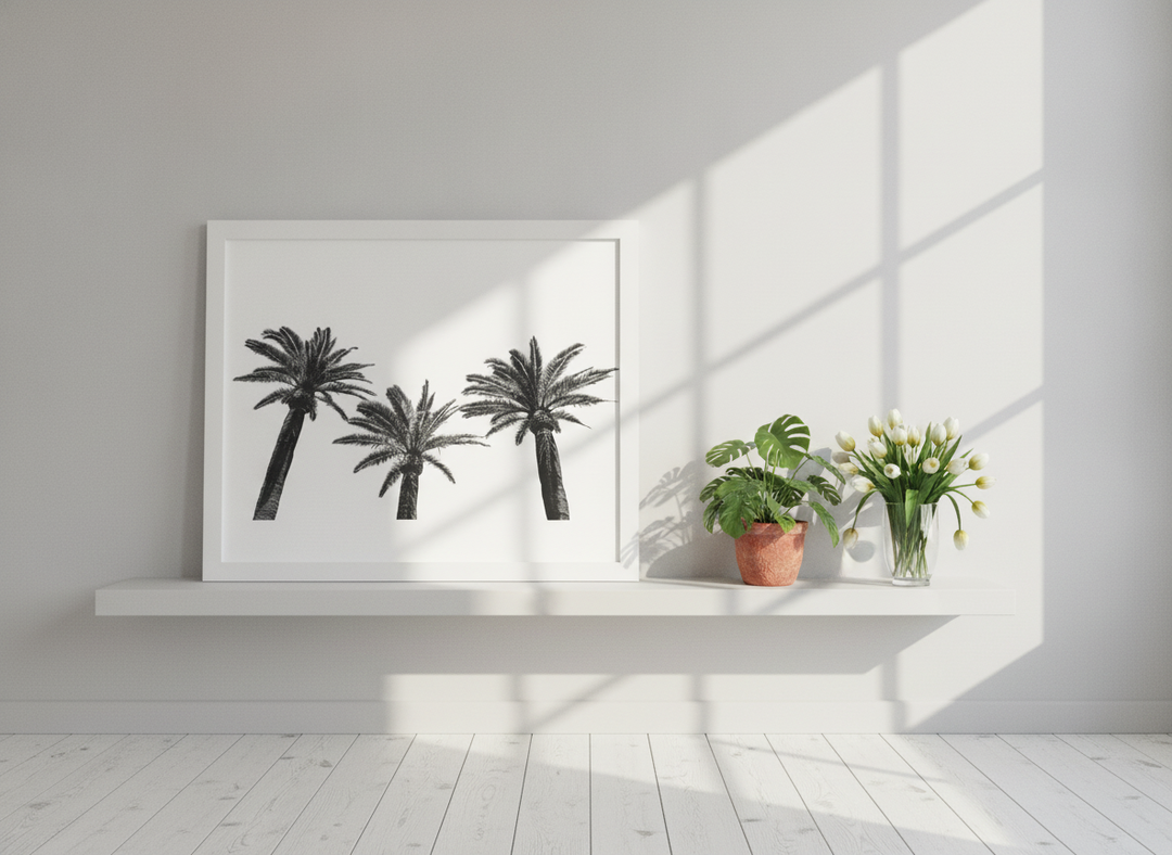 Modern wall art print standing on a shelf in a bright Scandinavian home office