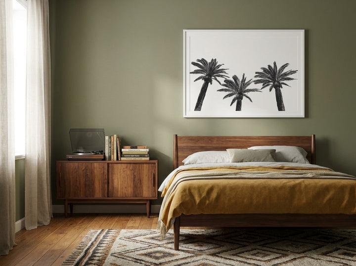 Modern wall art print styled on the wall in a mid-century bedroom
