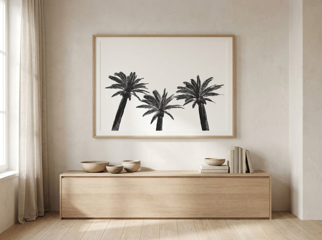 Modern wall art print styled on the wall in a warm Japandi living room