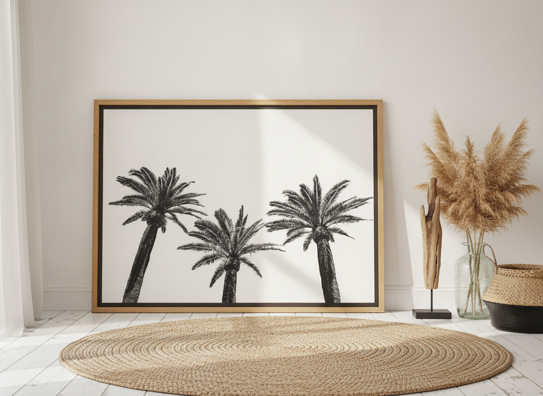 Oversized statement canvas wall art with a natural timber surround leaning against the wall in a coastal living room