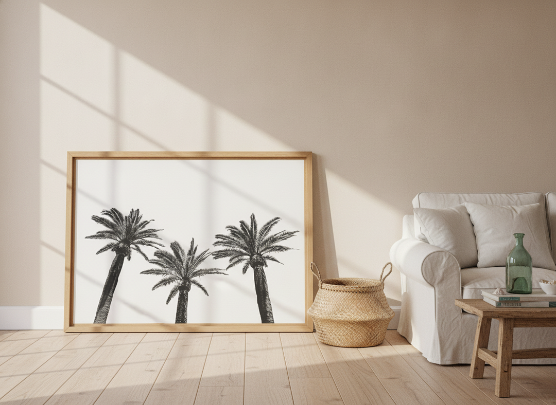Oversized statement modern wall art print leaning against the wall in a coastal living room