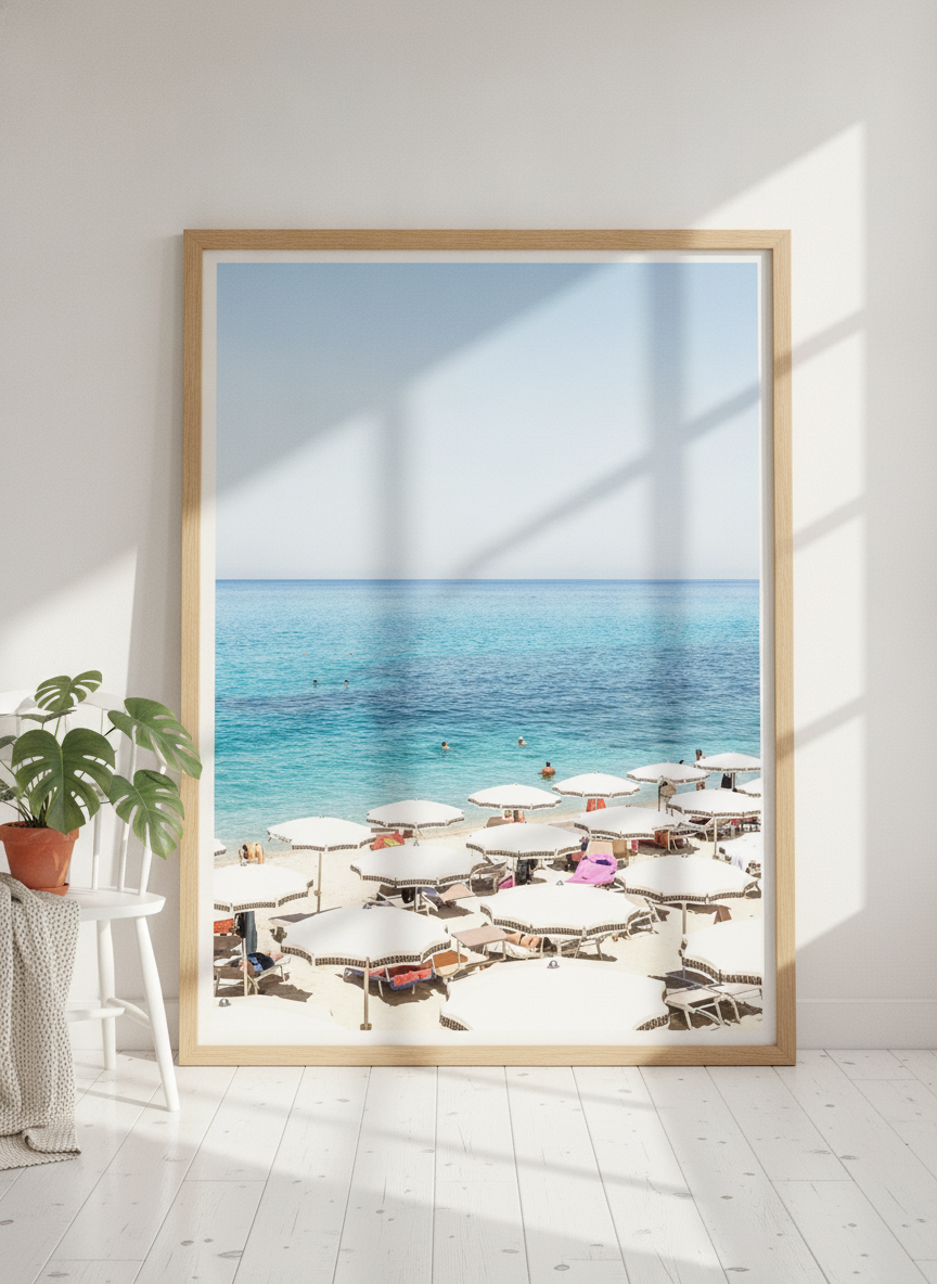 Oversized statement modern wall art print leaning against the wall in a bright Scandinavian dining room