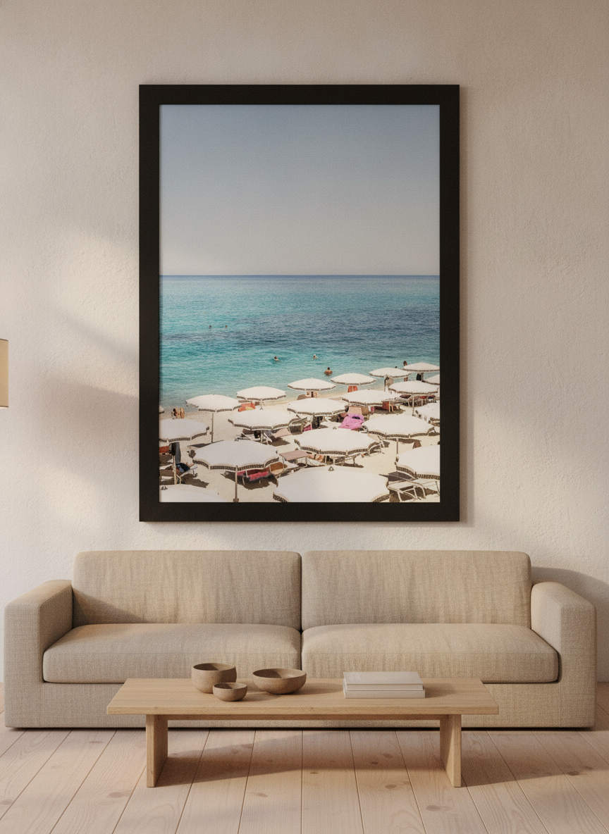 Oversized statement modern wall art print styled on the wall in a warm Japandi living room