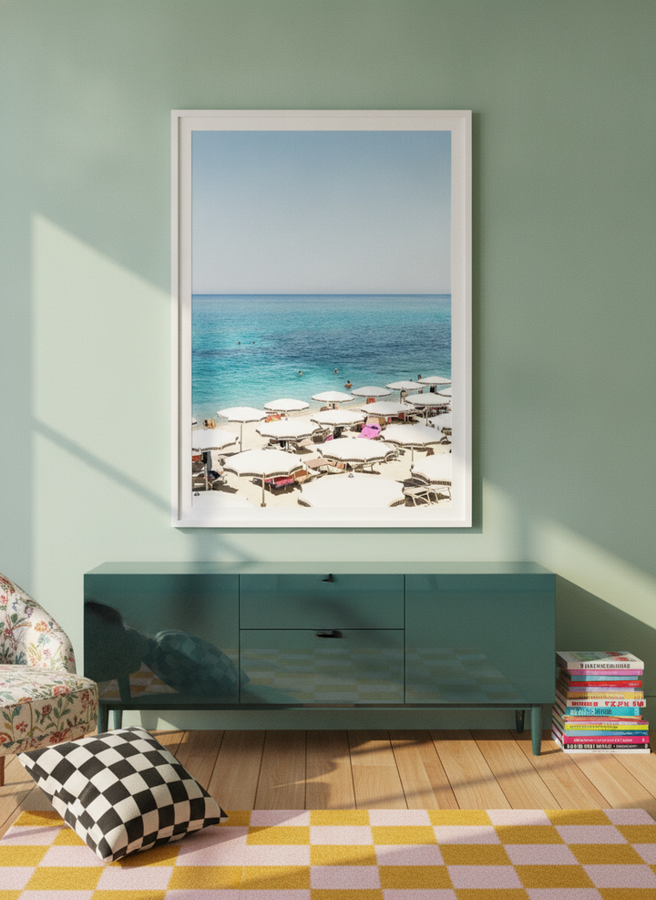 Modern wall art print styled on the wall in a colourful eclectic living room