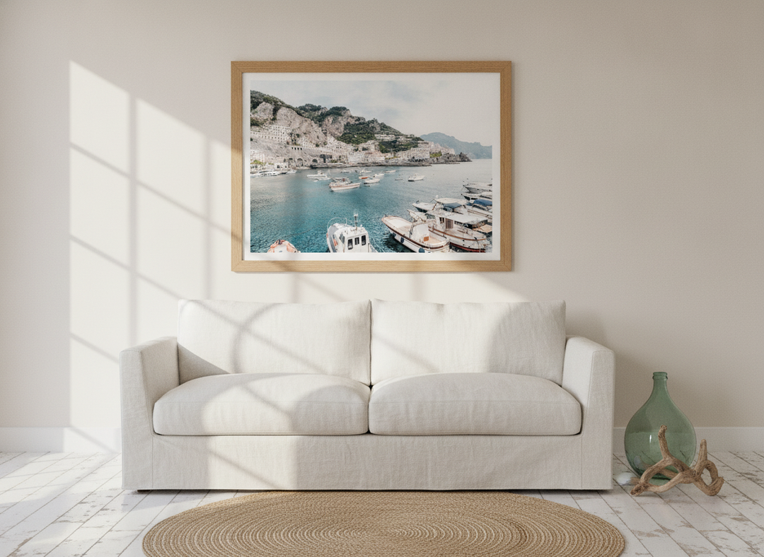 Modern wall art print styled on the wall in a coastal living room