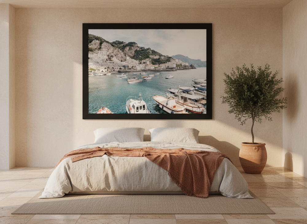 Oversized statement modern wall art print styled on the wall in a Mediterranean bedroom