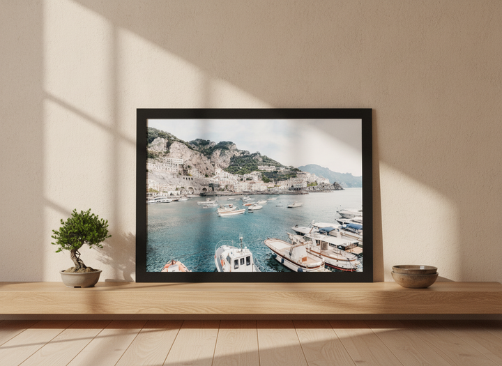Modern wall art print standing on a shelf in a warm Japandi living room