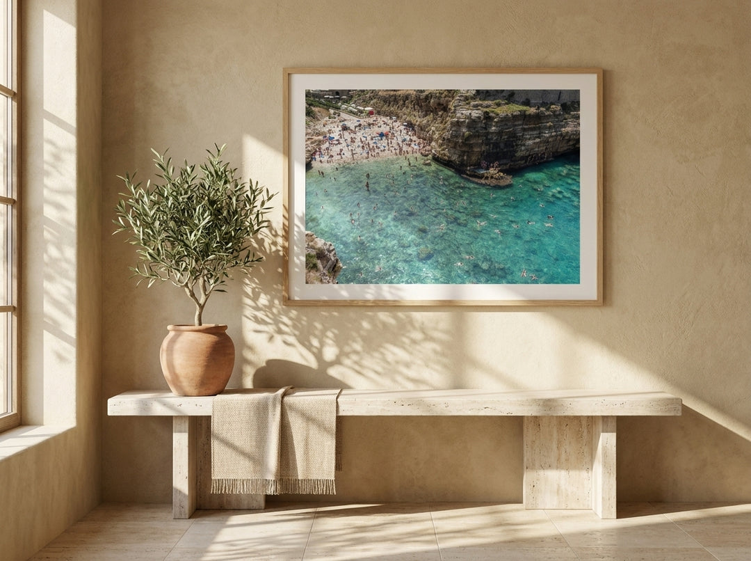 Modern wall art print styled on the wall in a Mediterranean living room