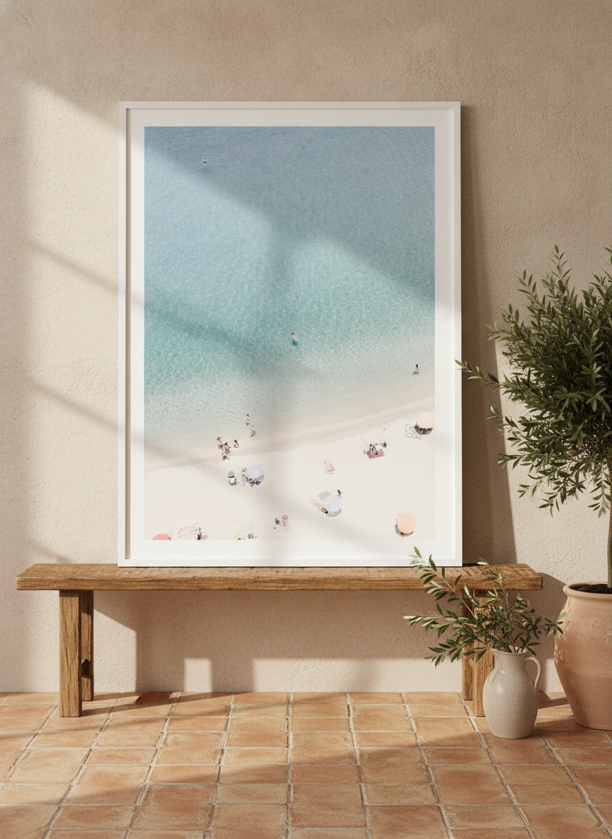 Modern wall art print standing on a bench in a Mediterranean bedroom