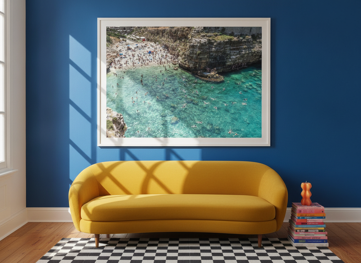 Oversized statement modern wall art print styled on the wall in a colourful eclectic living room