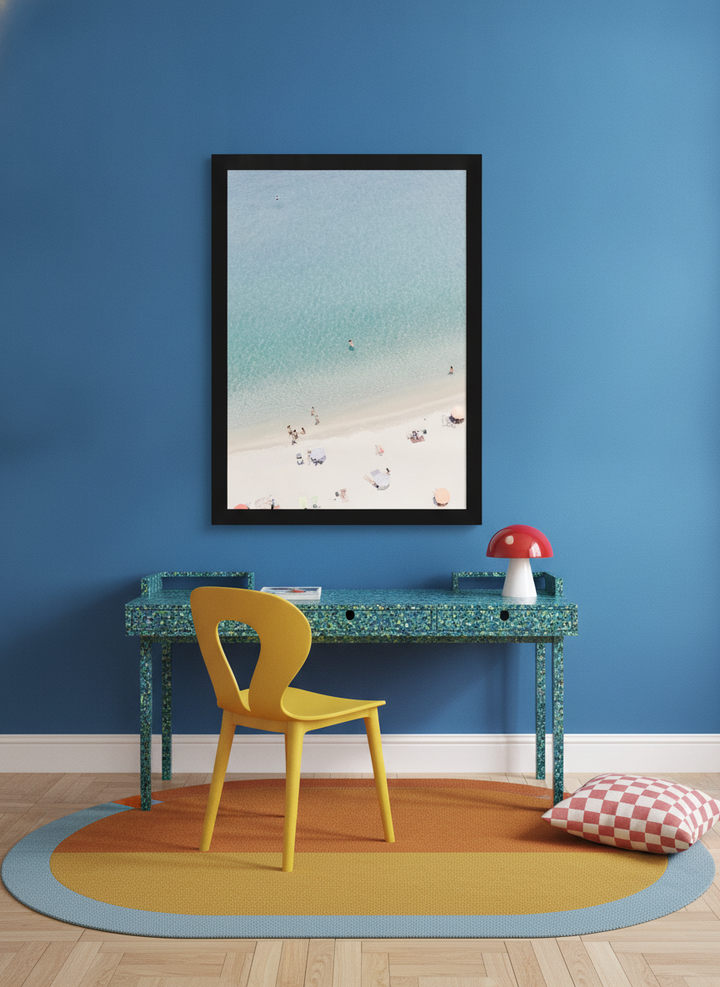Modern wall art print styled on the wall in a colourful eclectic home office