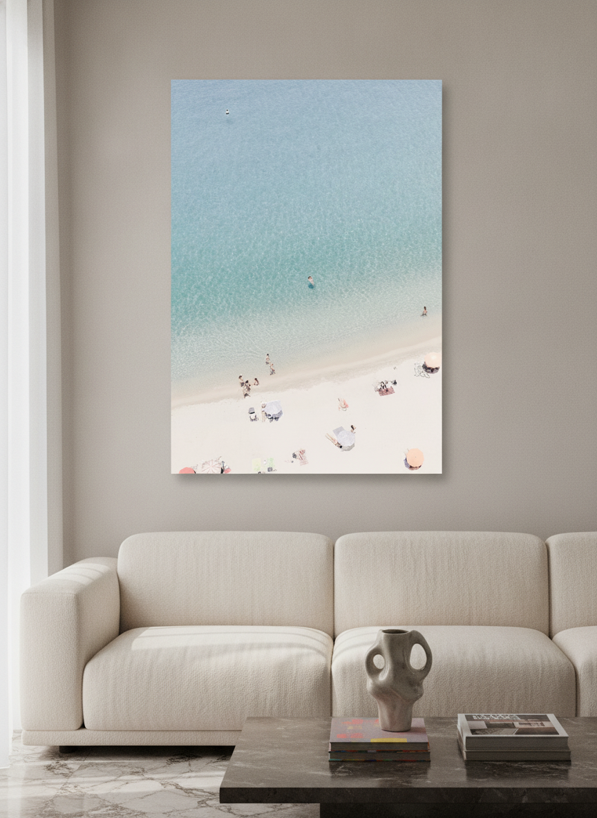 Stretched canvas wall art styled on the wall in a luxe living room