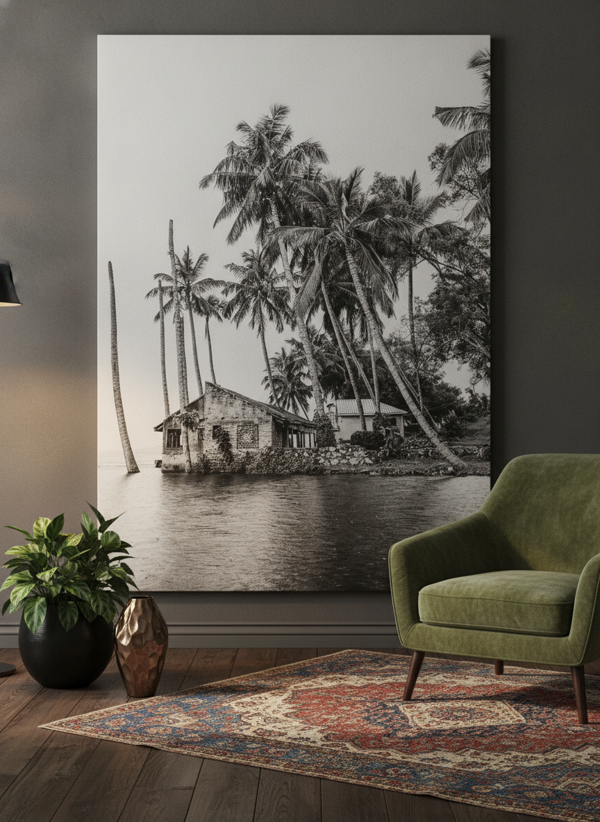 Stretched canvas wall art leaning against the wall in a moody bedroom