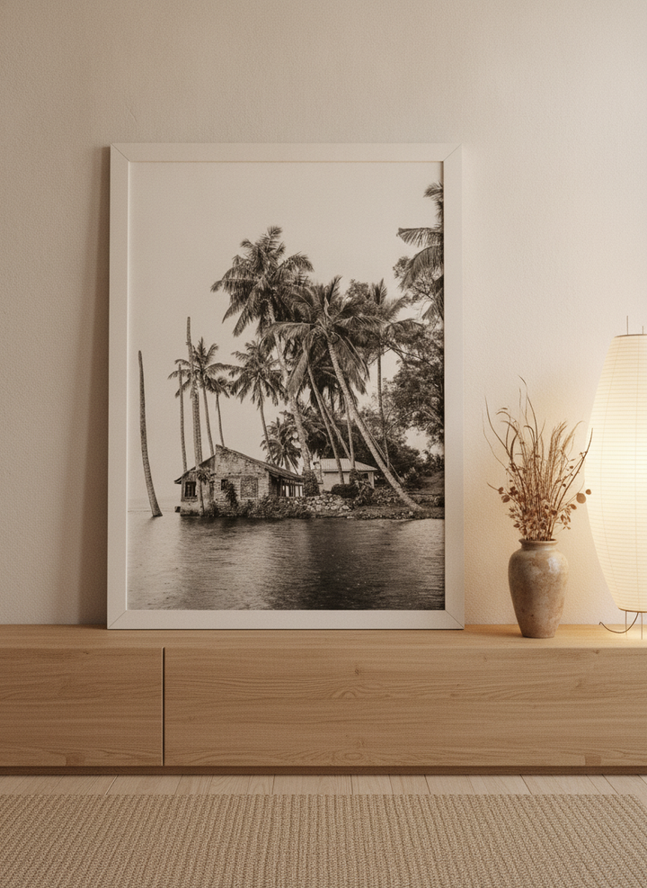 Modern wall art print standing on a sideboard in a warm Japandi bedroom