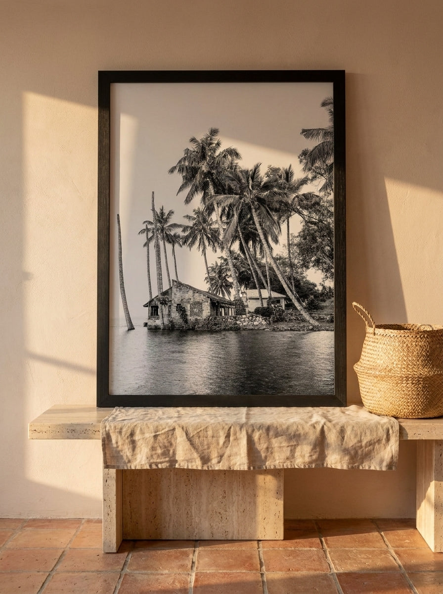 Modern wall art print standing on a console in a Mediterranean living room