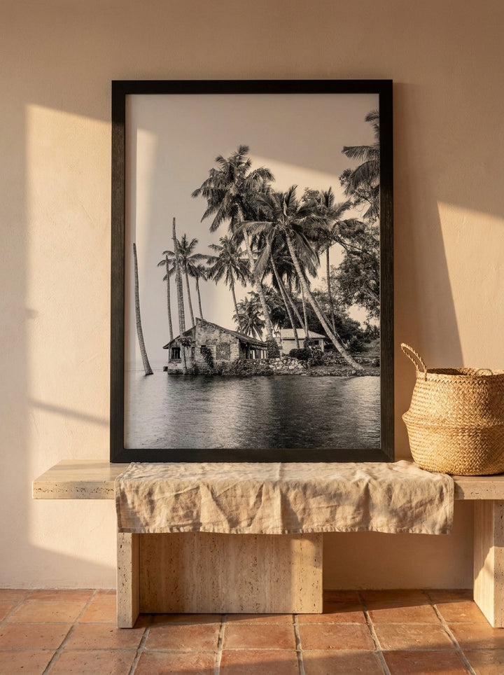 Modern wall art print standing on a console in a Mediterranean living room