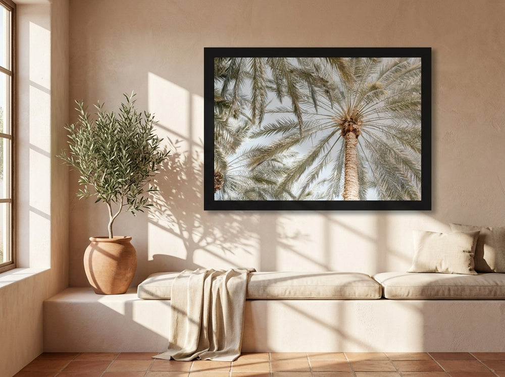 Oversized statement modern wall art print styled on the wall in a Mediterranean living room