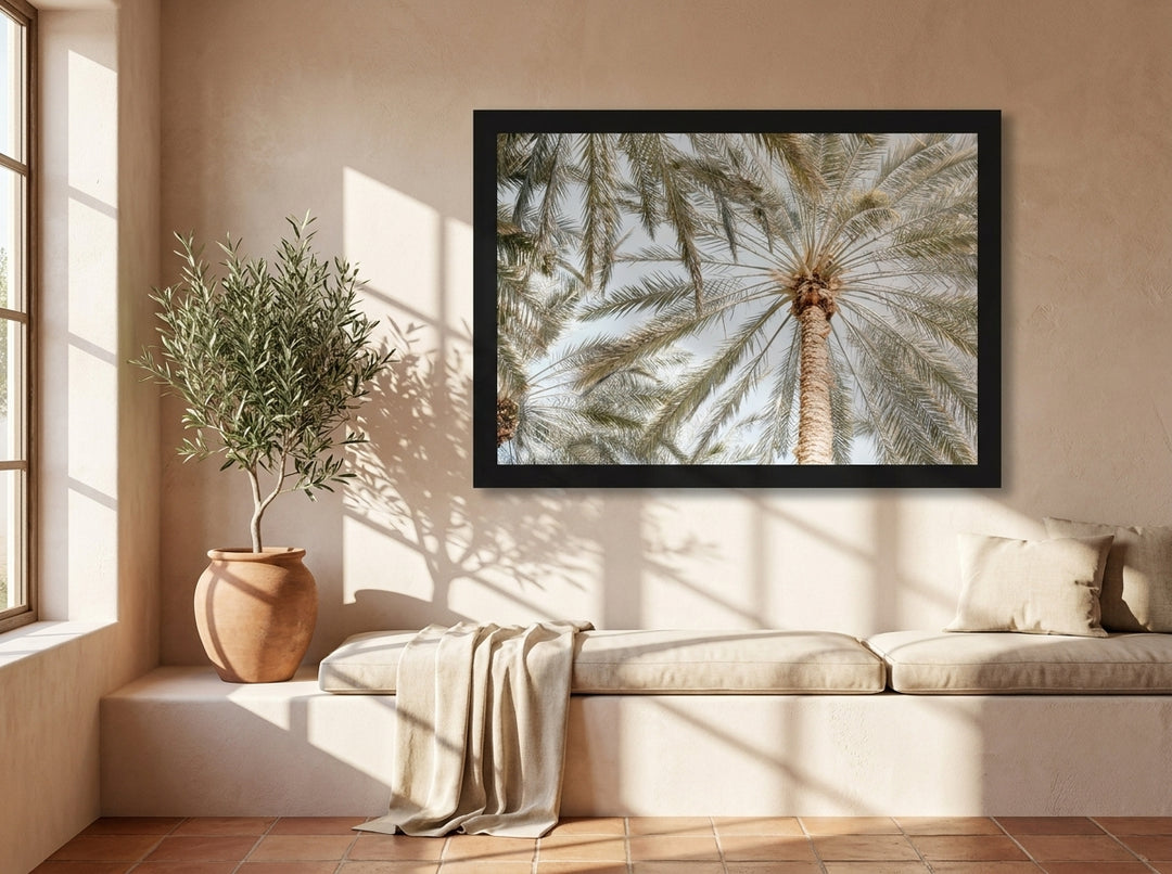 Oversized statement modern wall art print styled on the wall in a Mediterranean living room