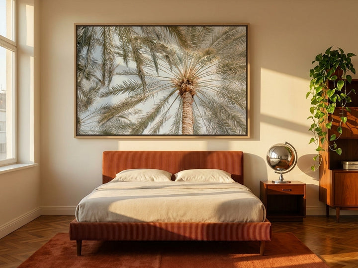 Oversized statement canvas wall art with a natural timber surround styled on the wall in a retro 70s bedroom