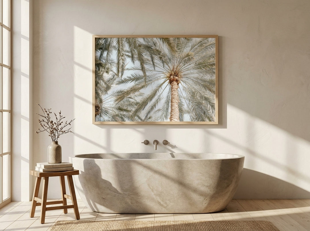Modern wall art print styled on the wall in a warm Japandi bathroom