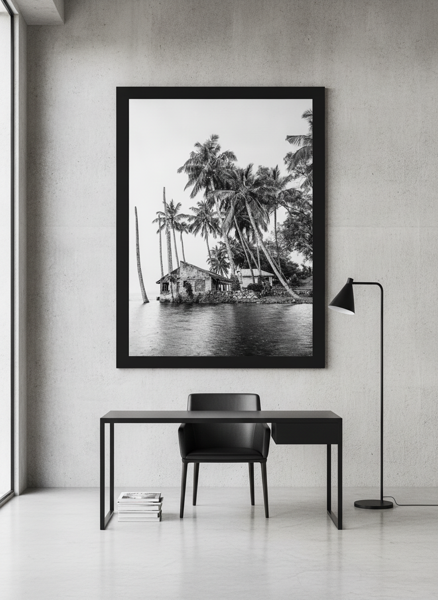 Oversized statement modern wall art print styled on the wall in an industrial loft home office
