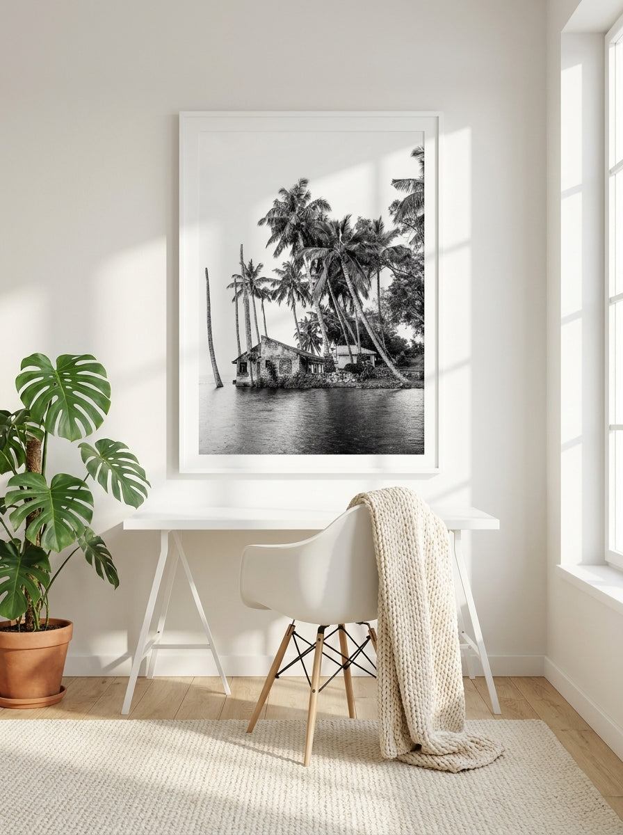 Modern wall art print styled on the wall in a bright Scandinavian home office