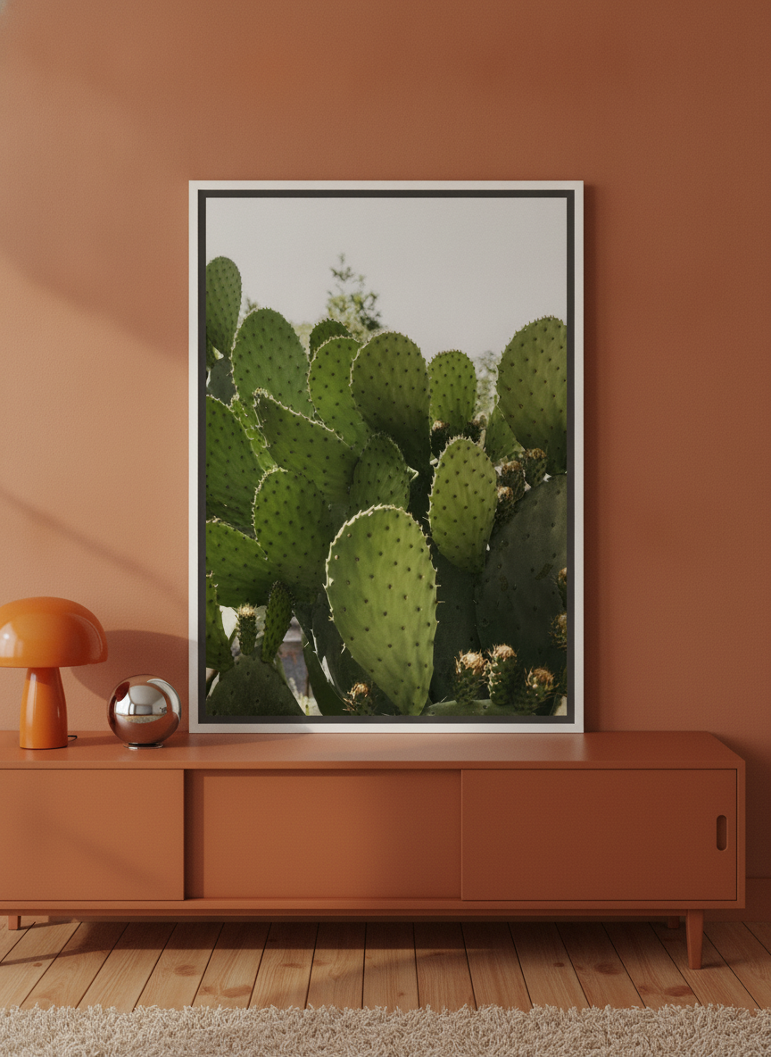 Canvas wall art with a white surround standing on a sideboard in a retro 70s bedroom