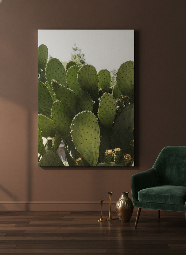 Stretched canvas wall art leaning against the wall in a moody home office