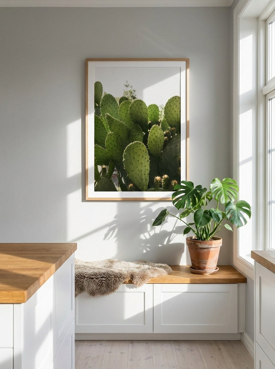 Modern wall art print styled on the wall in a bright Scandinavian kitchen