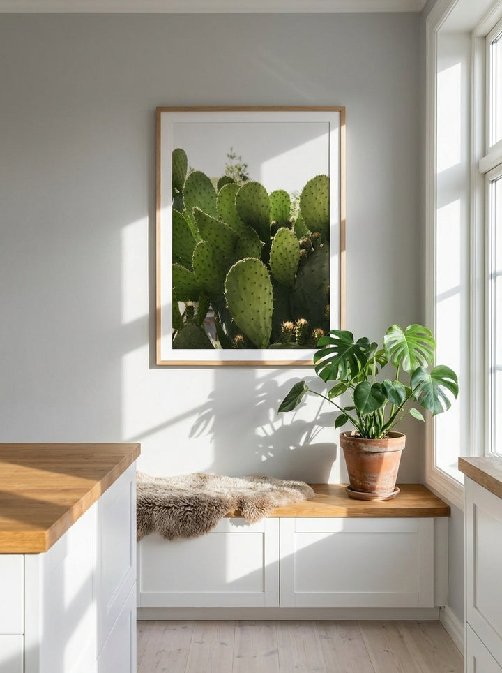 Modern wall art print styled on the wall in a bright Scandinavian kitchen
