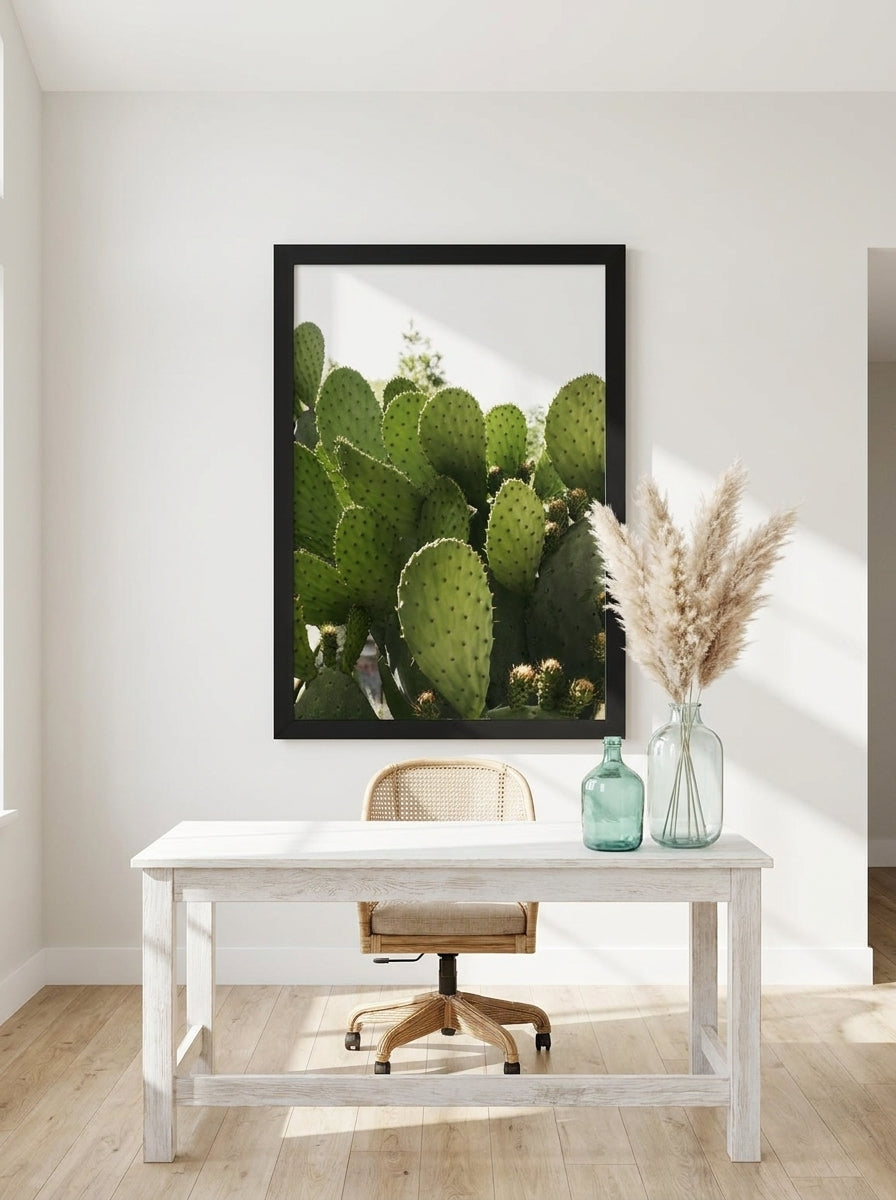 Oversized statement modern wall art print styled on the wall in a coastal home office