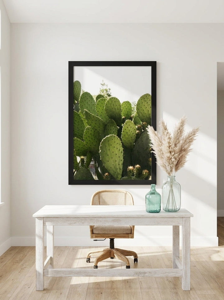 Oversized statement modern wall art print styled on the wall in a coastal home office