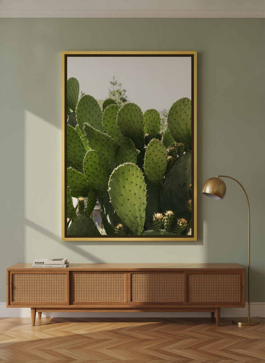 Oversized statement canvas wall art with a gold leaf surround styled on the wall in a mid-century living room