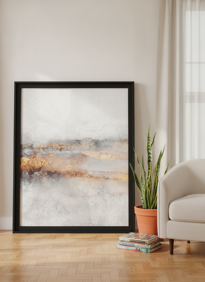 Modern wall art print leaning against the wall in a mid-century living room