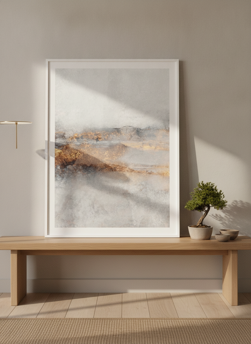 Modern wall art print standing on a bench in a warm Japandi home office