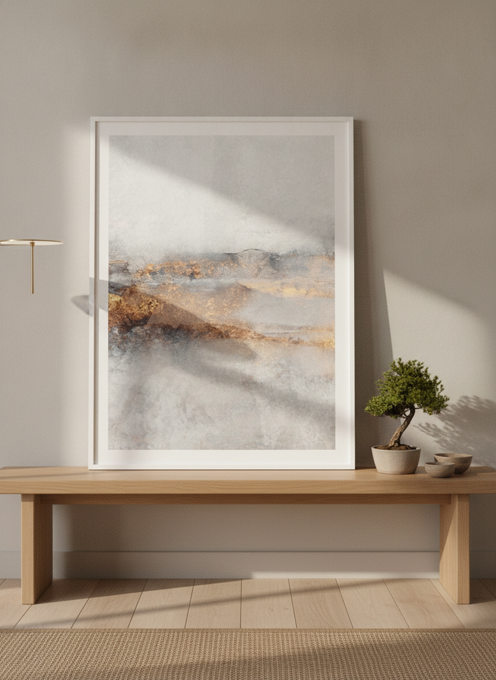 Modern wall art print standing on a bench in a warm Japandi home office
