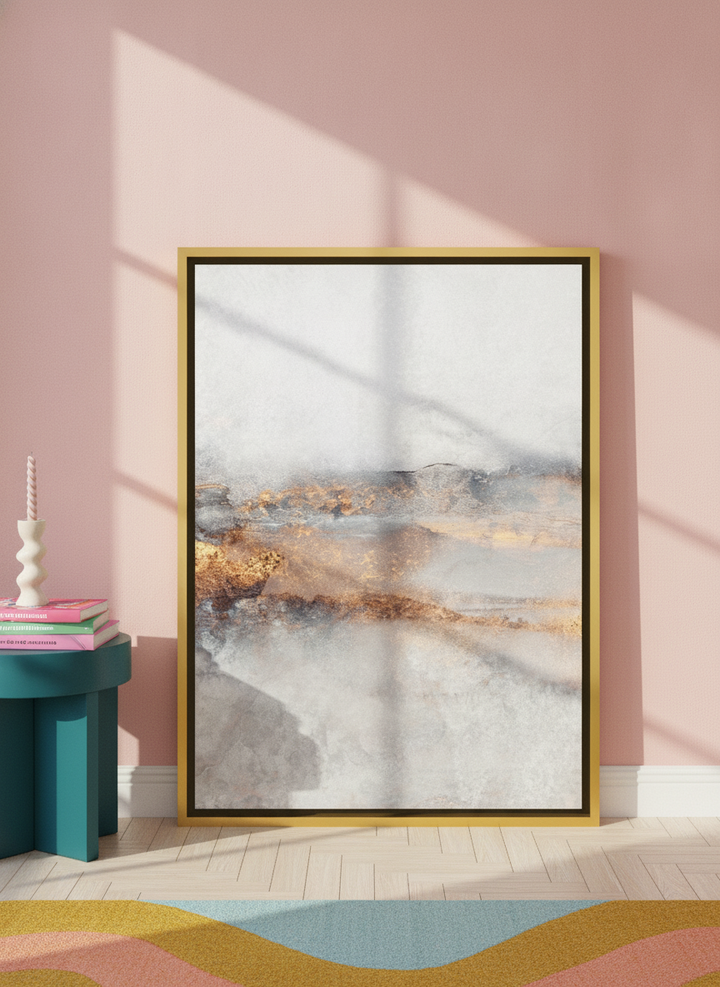 Canvas wall art with a gold leaf surround leaning against the wall in a colourful eclectic home office
