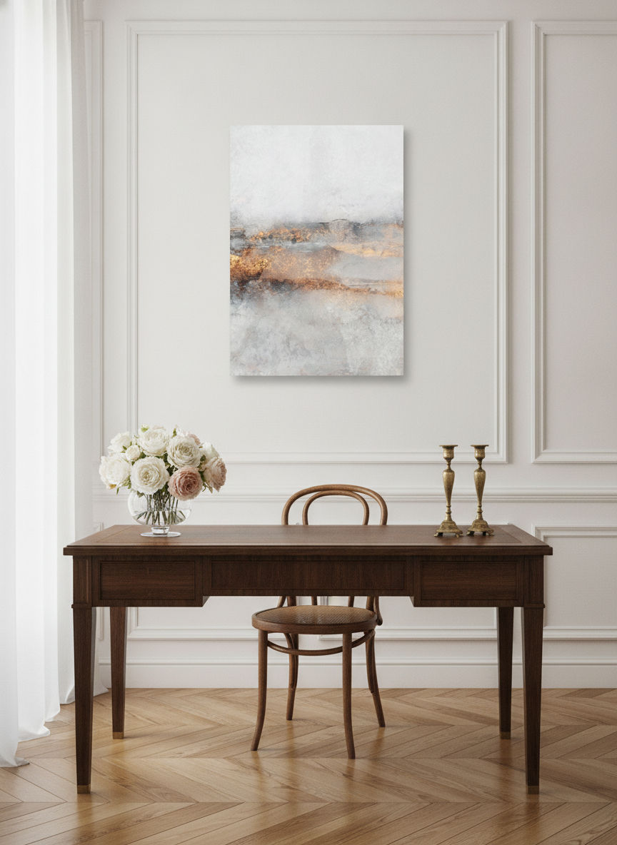 Stretched canvas wall art styled on the wall in a Parisian home office
