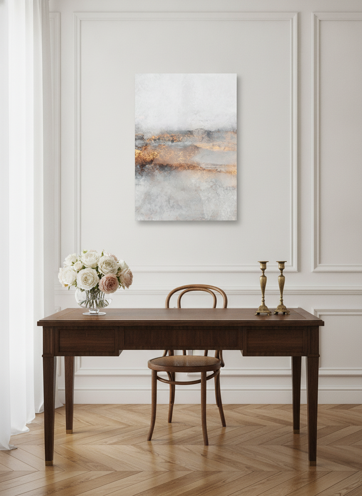 Stretched canvas wall art styled on the wall in a Parisian home office