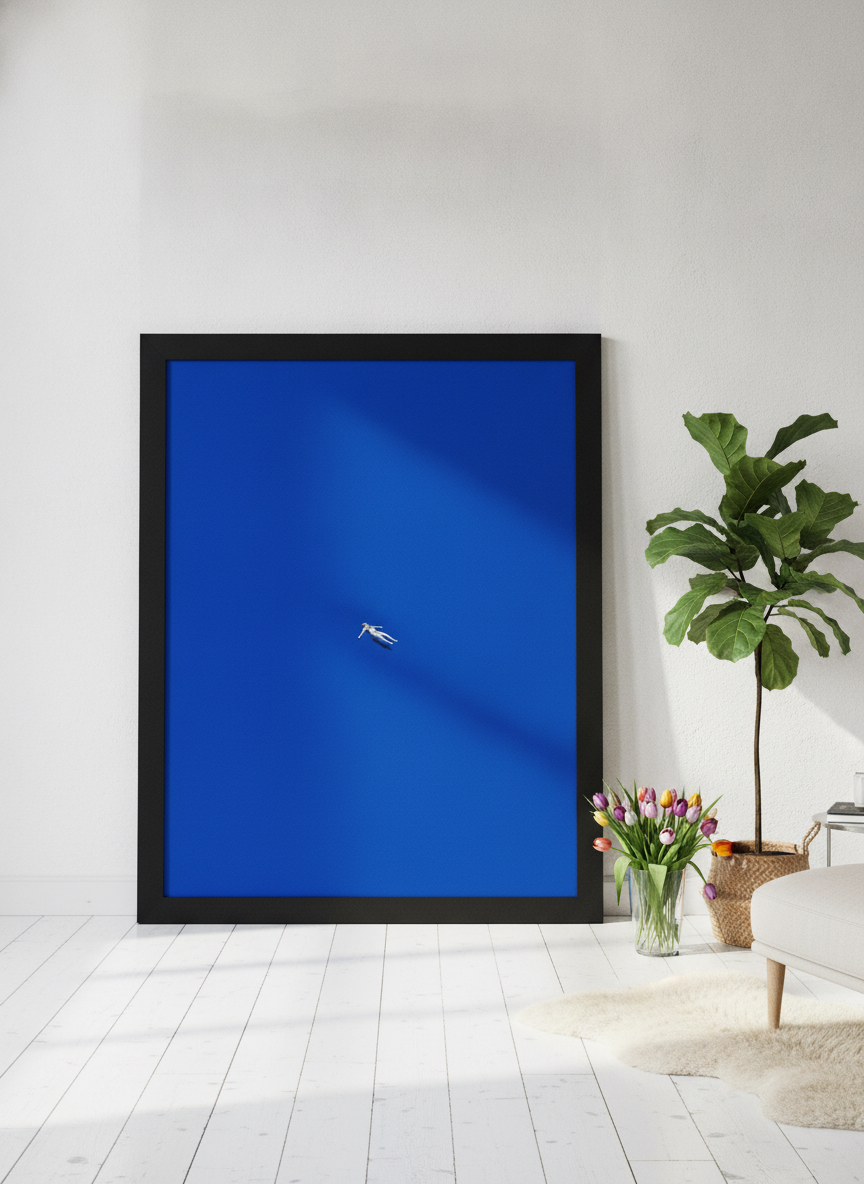 Oversized statement modern wall art print leaning against the wall in a bright Scandinavian home office