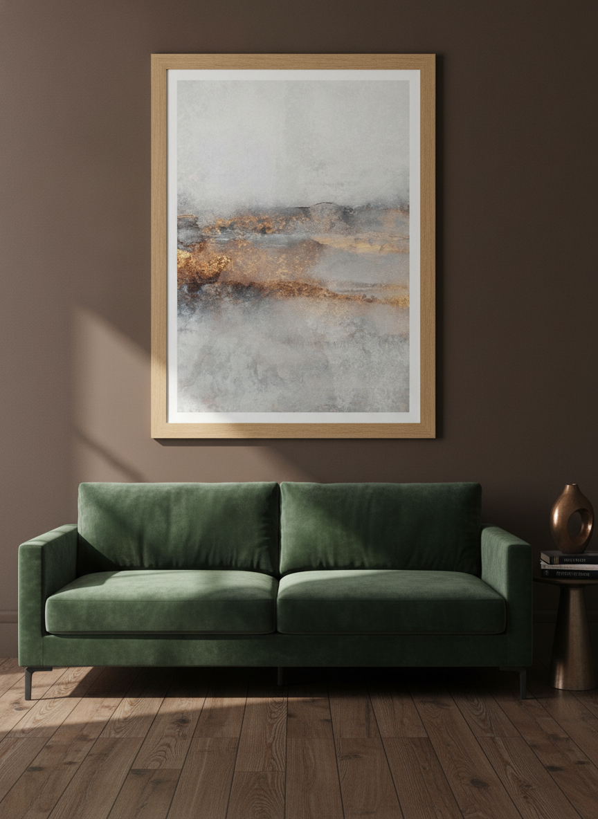 Modern wall art print styled on the wall in a moody living room