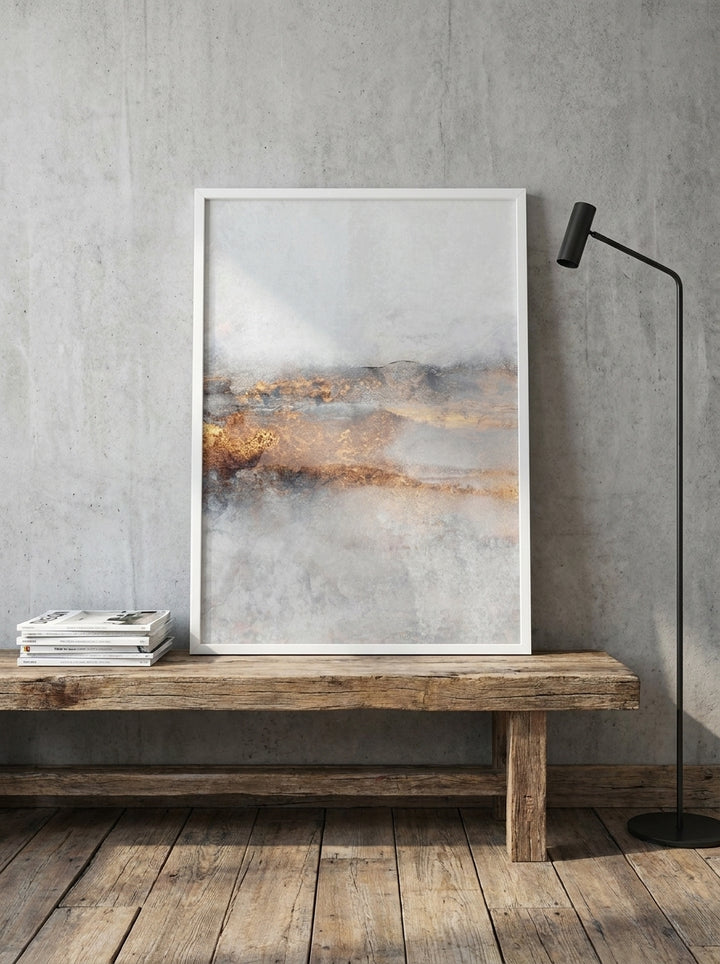Modern wall art print standing on a bench in an industrial loft bedroom