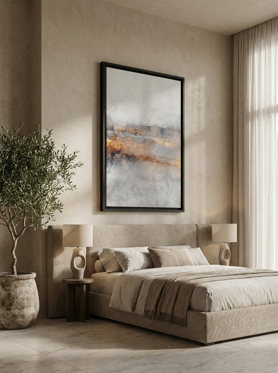 Oversized statement modern wall art print styled on the wall in a luxe bedroom