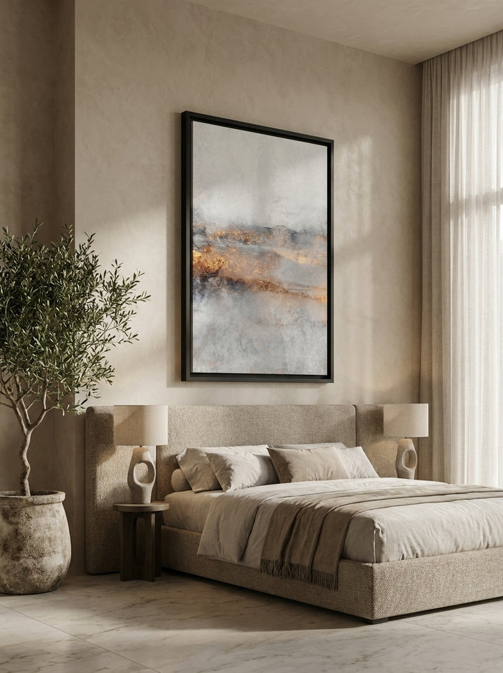 Oversized statement modern wall art print styled on the wall in a luxe bedroom