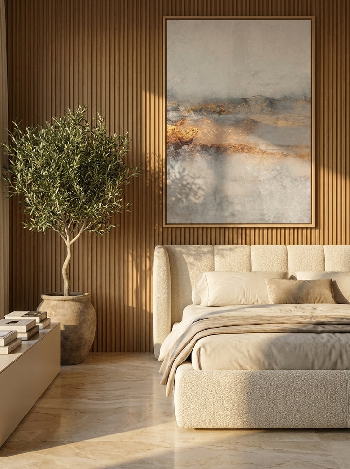 Oversized statement canvas wall art with a natural timber surround styled on the wall in a luxe bedroom